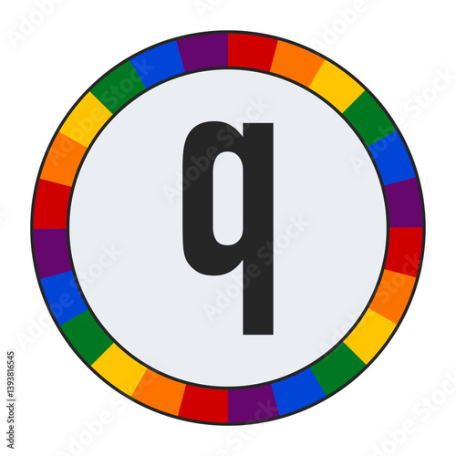 Bold lowercase letter q in Center of Colorful Circular Rainbow Border on Light Gray Background, enclosed in a black frame.