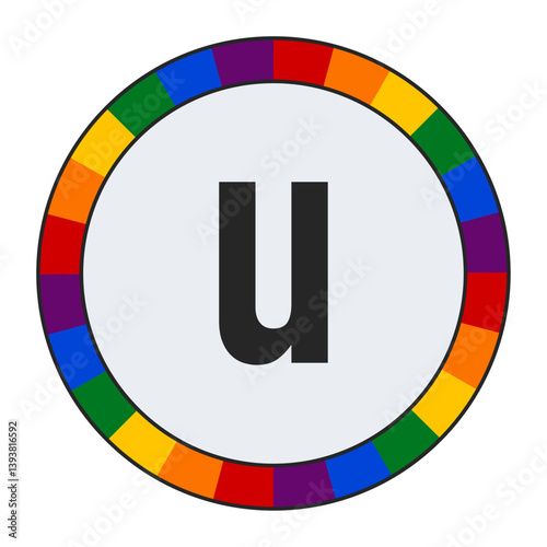 Bold lowercase letter u in Center of Colorful Circular Rainbow Border on Light Gray Background, enclosed in a black frame.