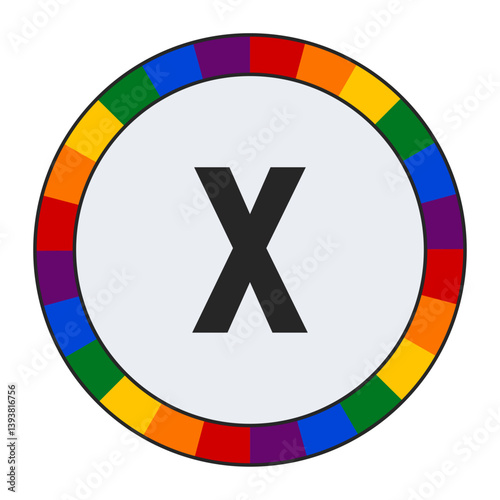 Bold lowercase letter x in Center of Colorful Circular Rainbow Border on Light Gray Background, enclosed in a black frame.