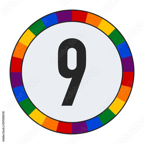 Bold Number 9 in Center of Colorful Circular Rainbow Border on Light Gray Background, enclosed in a black frame.