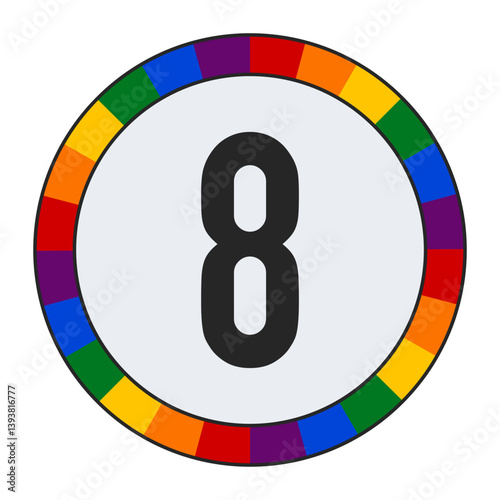 Bold Number 8 in Center of Colorful Circular Rainbow Border on Light Gray Background, enclosed in a black frame.