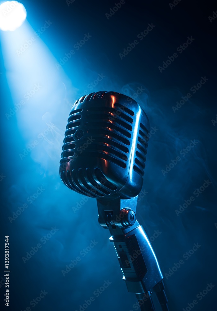 intense spotlight, smoky atmosphere, close-up of stage microphone performance, microphone on stage. Shiny metallic microphone, dramatic blue lighting,