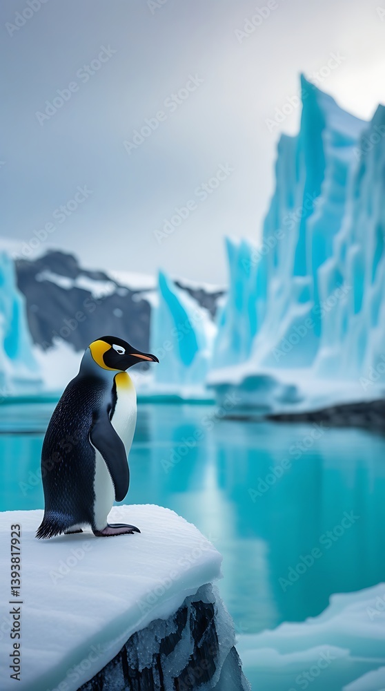 Fototapeta premium Solitary emperor penguin on snow-covered ice near crystal-clear Antarctic ocean and iceberg cliffs, representing the cold serenity and untouched nature of the polar regions