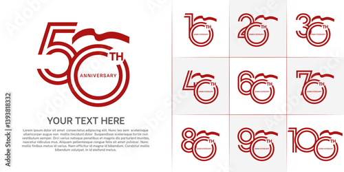 Anniversary logo type set with double line number. red color with long ribbon for celebration event