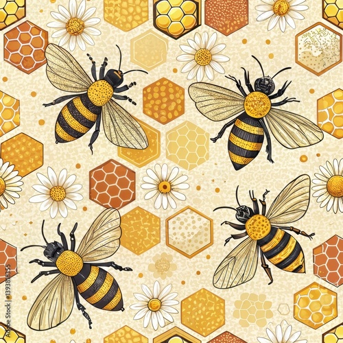 Seamless Bee Pattern Design Nature Illustration Floral Environment Close-Up Viewpoint