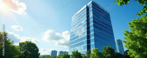 Glass and steel high-rise office complex set amidst lush greenery on a sunny day in the sky , highrise, green, office