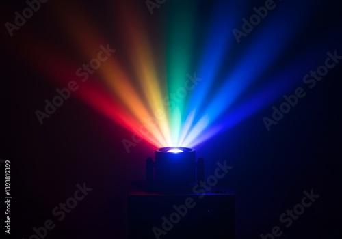Colorful light projection, vibrant rainbow spectrum, dark background, projector beam, prismatic colors, vivid light dispersion, optical refraction, RGB light, rgb spectrum light of projector, 