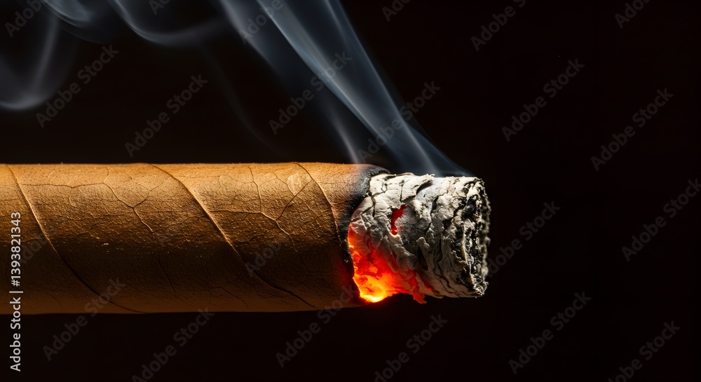 high contrast, detailed texture, orange and red embers, ash, tobacco, burning cigar, glowing ember, wispy smoke, dark background,