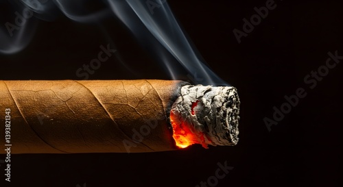 Obraz na płótnie high contrast, detailed texture, orange and red embers, ash, tobacco, burning cigar, glowing ember, wispy smoke, dark background, w salonie