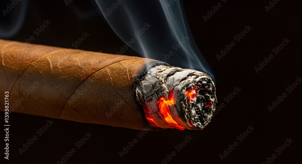 high contrast, detailed texture, orange and red embers, ash, tobacco, burning cigar, glowing ember, wispy smoke, dark background,