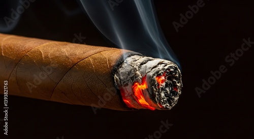 Obraz na płótnie high contrast, detailed texture, orange and red embers, ash, tobacco, burning cigar, glowing ember, wispy smoke, dark background, w salonie