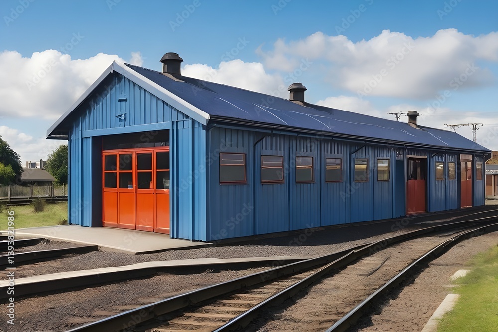 Railway shed with blue roof and sidings.generative.ai