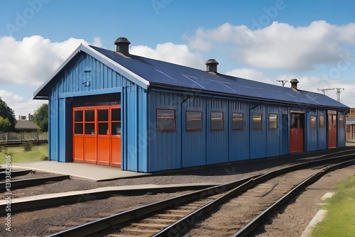 Obraz na płótnie Railway shed with blue roof and sidings.generative.ai w salonie