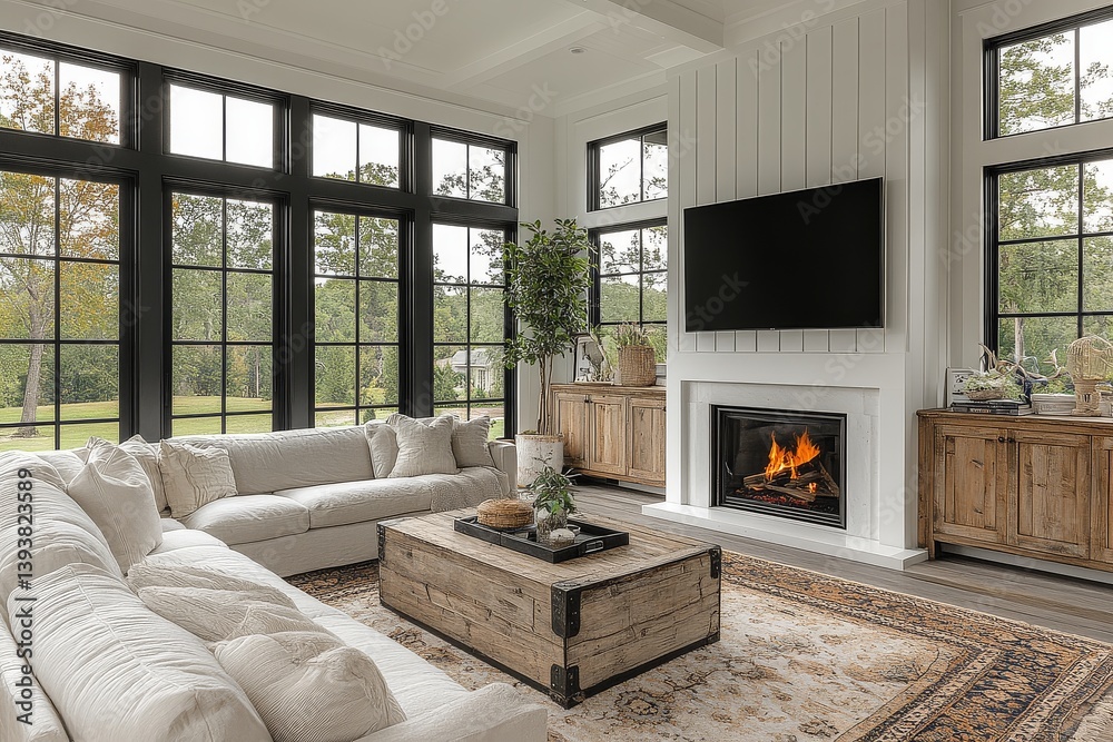 Obraz premium Modern white farmhouse living room with black windows, neutral palette, wooden accents, large couch, TV, fireplace, and small indoor tree.