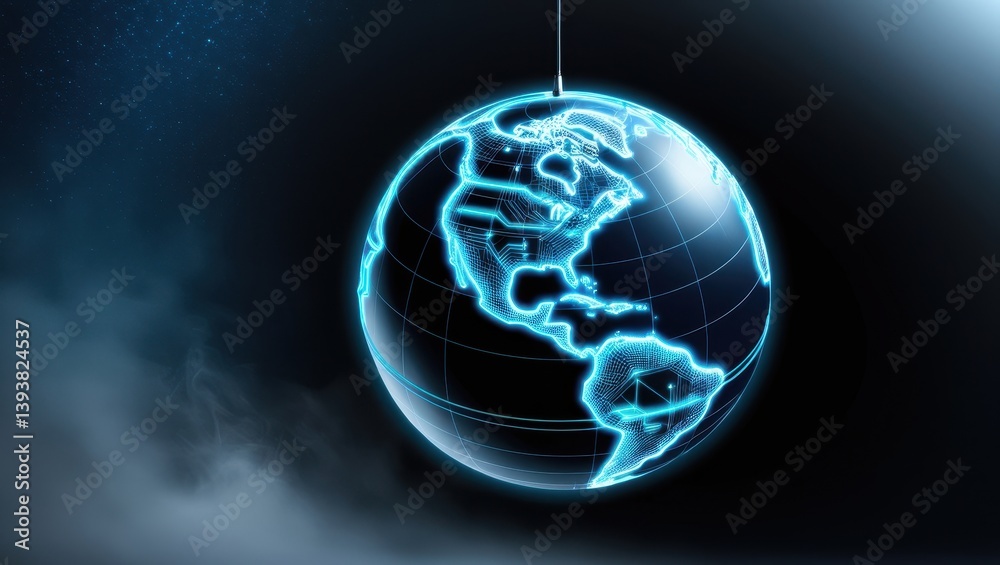 Obraz premium Futuristic Glowing Digital Globe Global Network Connection World Map Technology Background
