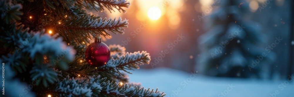 Frosty evening glow on a decorated evergreen tree, colorful baubles twinkling lights glowing forest, winter