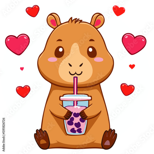 Adorable Capybara Drinking Bubble Tea with Hearts – Cute Kawaii Animal Vector

