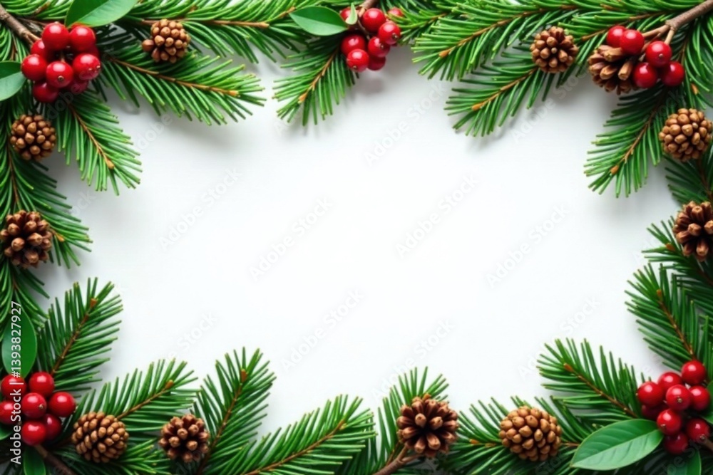 Fir branches with pine cones and holly berries surround a festive Christmas border, holly berries, seasonal decor, evergreen trees Fir branches with pine cones and holly berries surround a festive Christmas border, holly berries, seasonal decor, evergreen trees