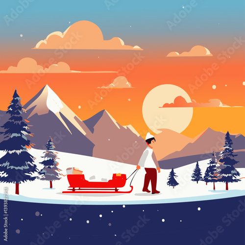 Man Pulling a Red Sled Through a Snowy Mountain Landscape with Pine Trees and a Winter Sunset in Flat Design Style

