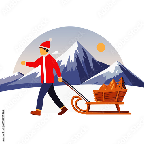Man Pulling a Red Sled Through a Snowy Mountain Landscape with Pine Trees and a Winter Sunset in Flat Design Style

