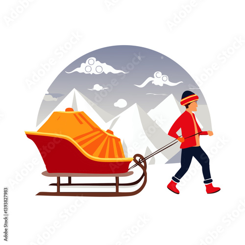 Man Pulling a Red Sled Through a Snowy Mountain Landscape with Pine Trees and a Winter Sunset in Flat Design Style

