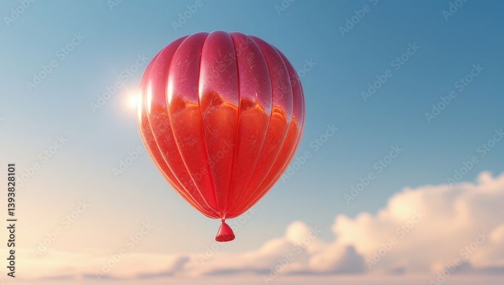 Fototapeta premium Red Hot Air Balloon Soaring Through a Sunny Sky with Clouds
