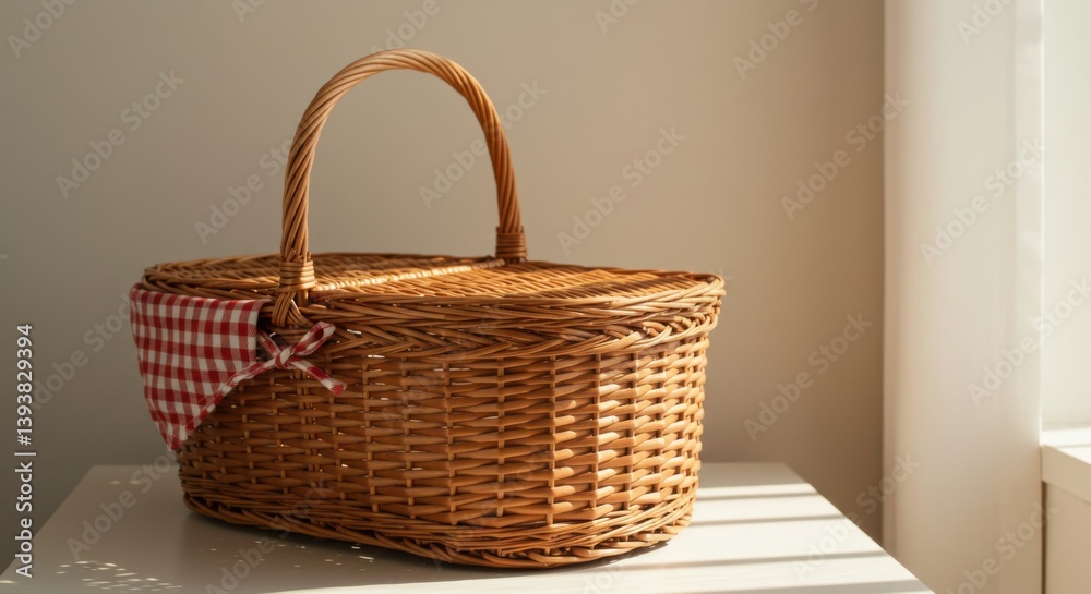 Fototapeta premium Wicker Picnic Basket with Red Gingham Fabric on White Table