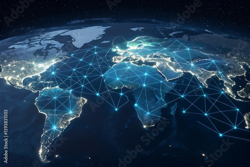 Global Network from Space: Illuminated World Map with Blue Data Connections