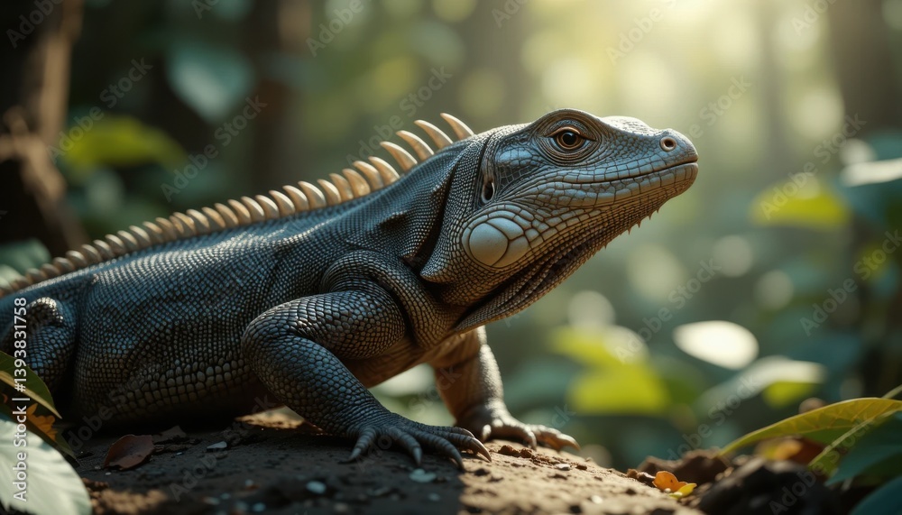Iguana Resting in Lush Green Forest with Sunlight and Tropical Leaves Iguana Resting in Lush Green Forest with Sunlight and Tropical Leaves