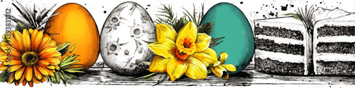 Vibrant Easter Vector Illustration with Decorative Painted Egg Designs Colorful Flowers Yellow Daffodils Orange Daisy Floral Patterns and Delicious Layered Cake Slice