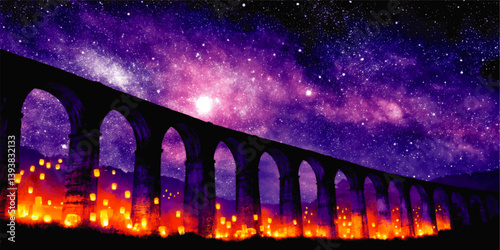 Mystical Night Sky Galaxy with Starry Purple Background Ancient Roman Arches and Illuminated Floating Lanterns Vector Illustration Celestial Astronomy Concept Design