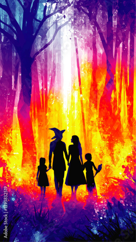 Enchanting Vector Silhouette Family in Colorful Magical Fantasy Forest Illuminated by Mystical Lights and Vibrant Abstract Artistic Patterns for Dreamy Fairytale Scenes