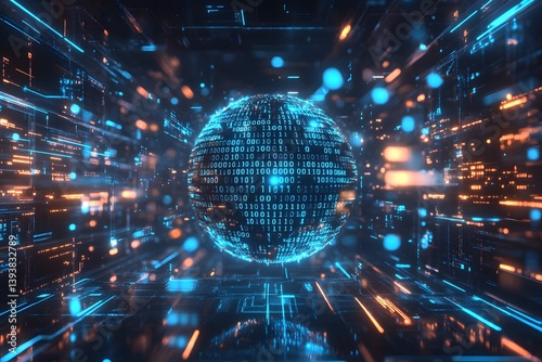Abstract digital sphere with glowing lines and dots in a futuristic setting.