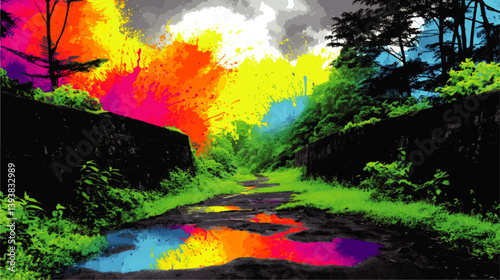 Vibrant Vector Image of Abstract Paint Splashes on Dark Urban Alleyway Reflecting Rainbow Colors in Puddles Surrounded by Lush Green Nature and Dynamic Stormy Skies