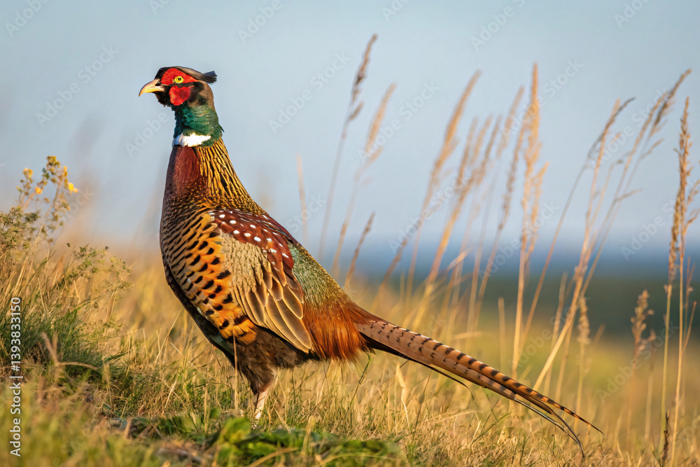 Fototapeta premium A dazzling pheasant stands tall among dry grass. Iridescent greens, reds, and golds shimmer in golden hour light as it scans its countryside surroundings