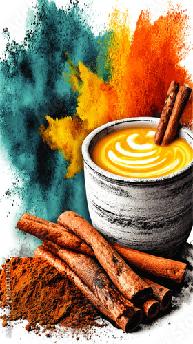 Vivid Artistic Vector Illustration of Creamy Cinnamon Latte with Fresh Cinnamon Sticks Colorful Powder Background Modern Coffee Drink Art and Spiced Beverage Design Image