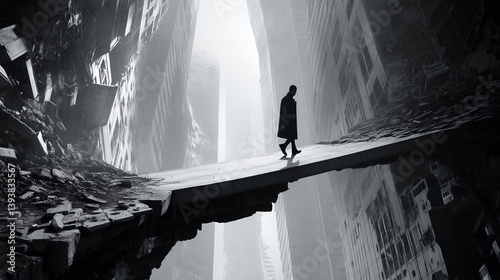 Black and white dreamlike artwork showing a lone figure on a broken bridge amid urban ruins, representing decay and lost hope
