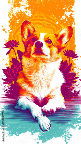 Vibrant Colorful Vector Illustration of Cute Welsh Corgi Dog with Abstract Background and Floral Lotus Flowers in Creative Artistic Stylized Digital Design Artwork