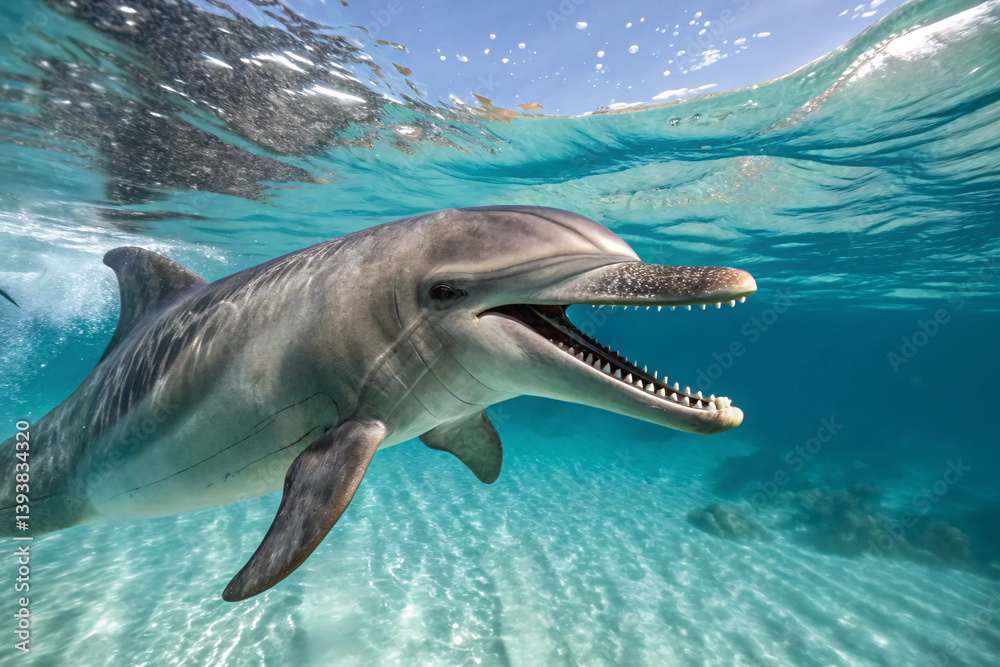 Naklejka premium Curious rough-toothed dolphin swims near camera, revealing teeth, smooth grey skin, and glistening tropical shallows