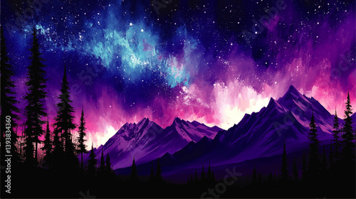 Stunning Vector Illustration of Galactic Night Sky Over Majestic Mountain Range With Purple Blue Auroras Vibrant Starry Universe Pine Trees Milky Way Scenic Landscape