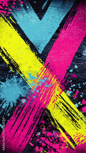 Vibrant Abstract Grunge Vector Design Featuring Bright Cyan Magenta Yellow Brush Strokes Paint Splatter with Creative Street Art Style Graffiti Wall Background Image