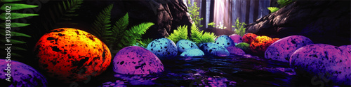 High Quality Vector Illustration of Glowing Colorful Eggs in Magical Forest with Fern Leaves Fantasy Nature Background for Graphic Design and Digital Artwork Projects