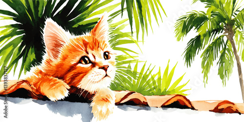 Vibrant Watercolor Illustration of Cute Orange Kitten Relaxing on Clay Roof Surrounded by Lush Green Tropical Palm Leaves and Exotic Natural Outdoor Foliage Scene