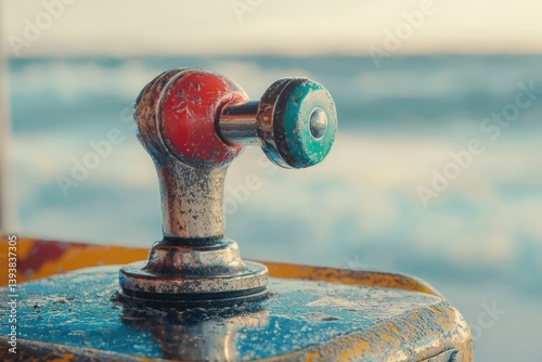 Weathered nautical device with red and green elements, suggesting a maritime signaling or control mechanism.