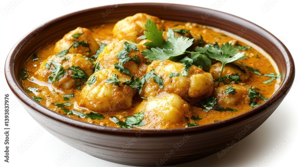 A bowl of aloo gobi (potatoes and cauliflower) with a turmeric-infused curry, garnished with cilantro A bowl of aloo gobi (potatoes and cauliflower) with a turmeric-infused curry, garnished with cilantro