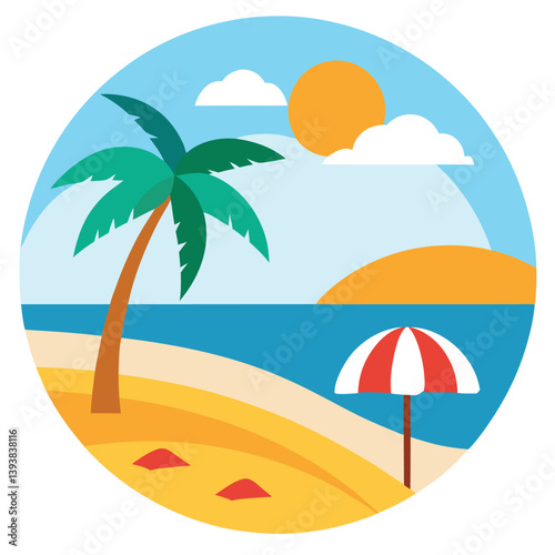 Tropical summer beach vector illustration with palm trees, blue sea, and sunny sky