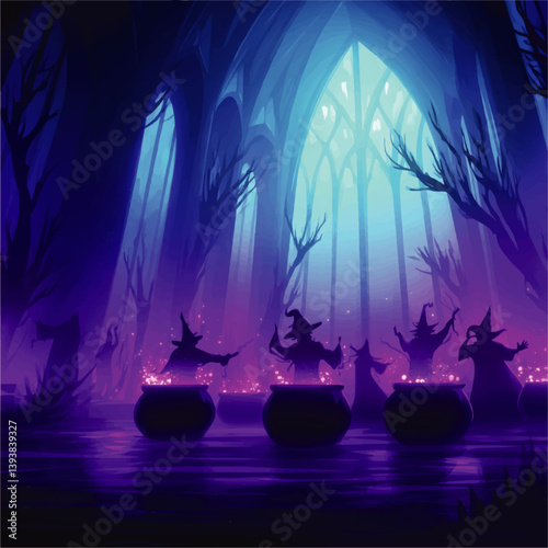 Enchanting Magical Fantasy Scene of Witch Coven Brewing Potions in Mystical Forest Gothic Cathedral with Gothic Windows Glowing Cauldrons and Dark Mystical Atmosphere