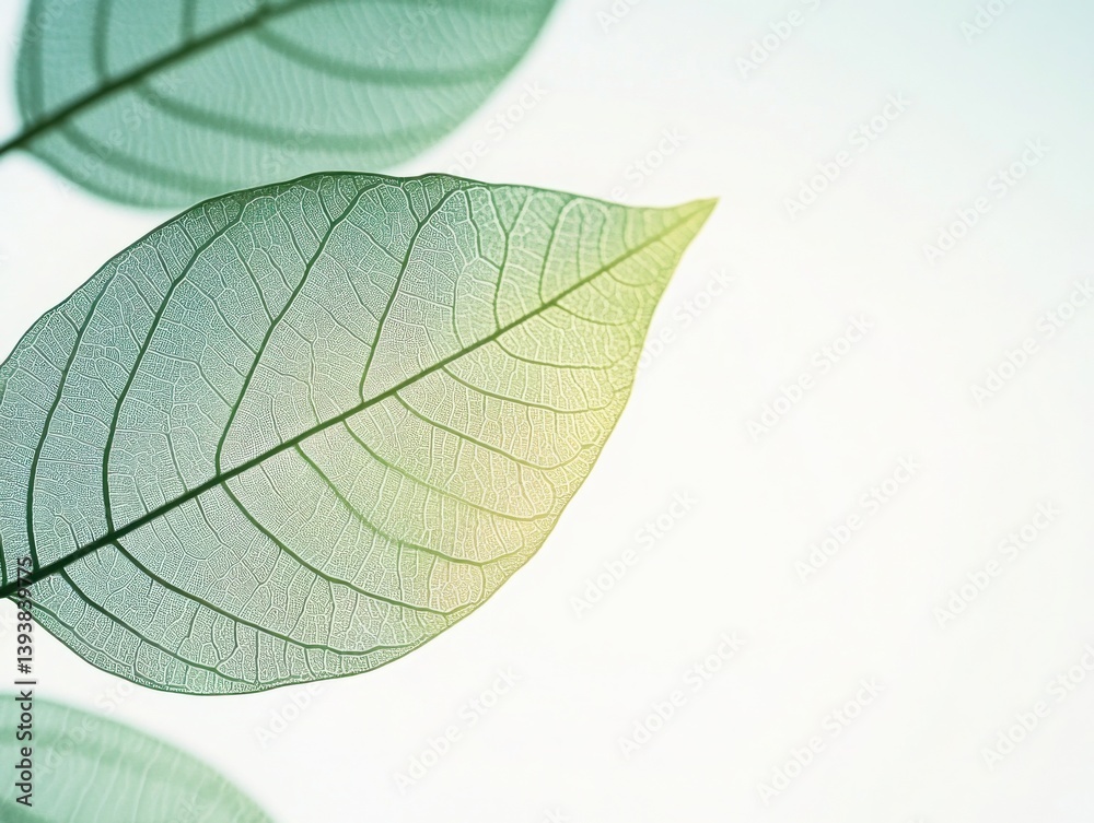 Obraz premium Ethereal Close-up of Delicate Green Skeleton Leaf Veins on Bright White Background