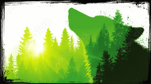 Vector Illustration of Howling Wolf Silhouette Merged with Green Forest Trees and Sunrise Scenic Nature Landscape Suitable for Wildlife Conservation and Eco Themes