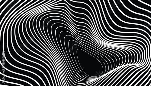 Curved 3D wave bands forming smooth depth illusion in black and white